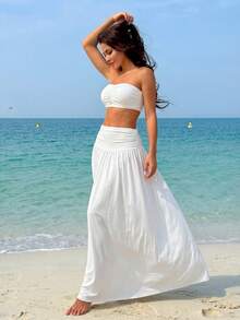 Swim Vcay Women's Summer Vacation Beach Sexy Fashion Pleated Bandeau Top And Satin Skirt 2-Piece Set Beach Skirt Set Beach Two Piece Outfit White Beach Outfit For Women Vacation Outfits Woman 2 Piece White Two Piece Set Women - White - View 4