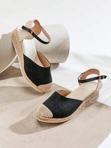 SHUZIA Women Elegant Ankle Strap Espadrille Wedges - Black - View 6
