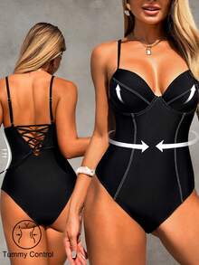 Shapewave 女士纯色连体泳衣，收腹提臀，可拆卸胸垫，钢圈支撑，露背系带设计，适合海滩度假和夏季穿着。 - 黑色 - 查看 6
