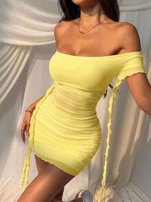 SHEIN EZwear Đầm ngắn ôm dáng, màu trơn, trễ vai, xếp ly, thanh lịch, thích hợp cho mùa hè. - Màu vàng ngỗng - Xem 5