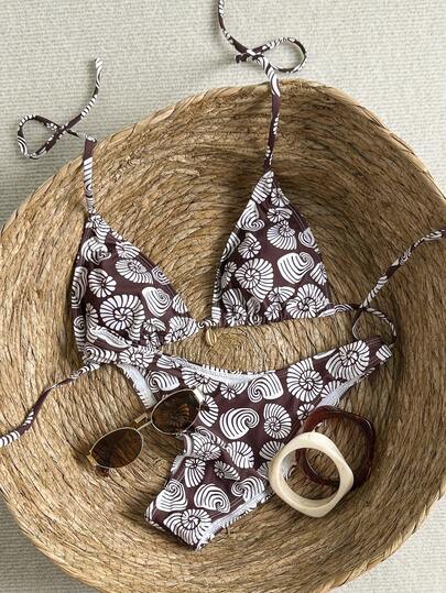 Swim Vcay Conjunto de bikini de 2 piezas para mujer, estampado de concha dulce, colgante de concha metálica en la parte delantera, conjunto de traje de baño de bikini, verano