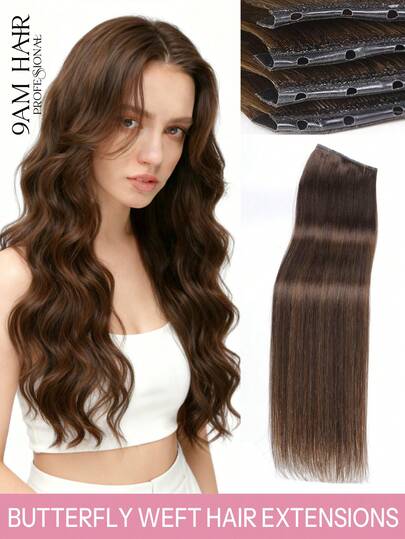 9AM HAIR Butterfly Weft Hair Extensions Human Hair Glueless OVO Pu Hole Genius Hand Tied Invisible DIY Double Weft Hair Extensions Straight 1pc 16 Inches