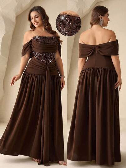 Coutiva Plus Size Off-Shoulder Pleated Fishtail Formal Evening Dress, Elegant And Sophisticated Plus Size Brown Dress Chocolate Brown Dress Plus Size Evening Gown Brown Dresses Classy Elegant Brown Wedding Guest Dress
