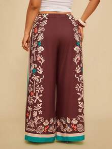 Travachic Plus Size Women's Burgundy Floral Print Wide Leg Pants With Pockets,Loose Casual Autumn Boho Trousers For Vacation,Holiday,Tropical Resort Wear - Multicolor - View 2