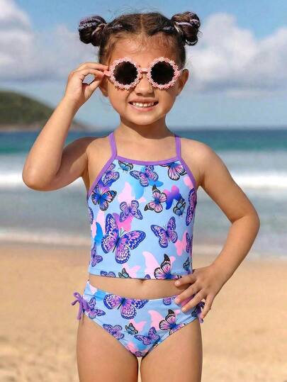 Conjunto de tankini de 2 piezas para niñas preadolescentes, parte superior con estampado de mariposa y tirantes ajustables, Bottom a juego con lazo lateral, diseño elegante y casual, adecuado para nadar, vacaciones de verano, playa, piscina, fiestas