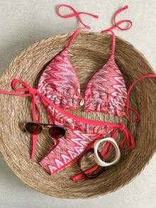 SoleilVie 女士彩虹波浪条纹露背比基尼两件式泳衣，时尚性感，度假必备 - 彩色 - 查看 1