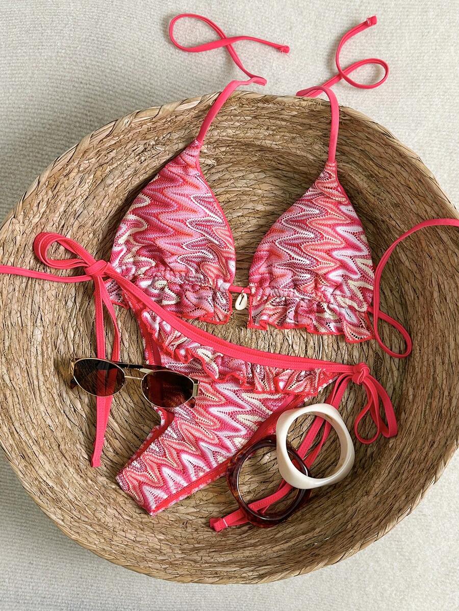 SoleilVie 女士彩虹波浪条纹露背比基尼两件式泳衣，时尚性感，度假必备 - 彩色 - 查看 1