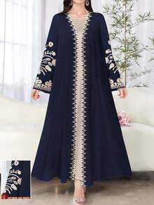 SHEIN Najma 女士花卉印花黑色优雅长袍开衫，长袖，春/秋 - 彩色 - 查看 1