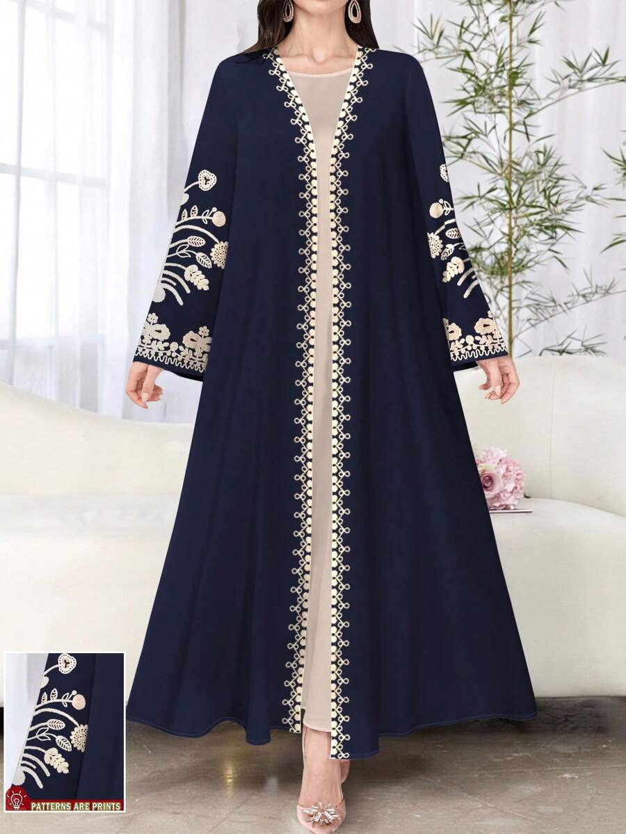 SHEIN Najma 女士花卉印花黑色优雅长袍开衫，长袖，春/秋 - 彩色 - 查看 1