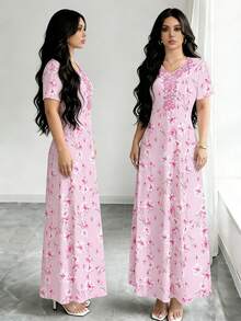 SHEIN Najma 女士碎花长裙，V领短袖收腰优雅连衣裙，适合度假和日常穿着，夏季 - 彩色 - 查看 7