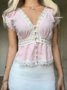CovetEZ 粉色休闲女式撞色蕾丝深V领短袖性感上衣 - 粉色 - 查看 1