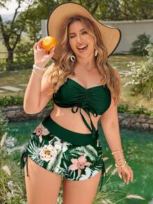 Swim Lushoire Conjunto de bikini de talla grande con estampado de hojas tropicales y bloques de color para mujer - Verde - Ver 5
