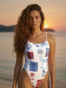 CAJUNI Traje de baño de una pieza con tirantes finos y estampado de árboles de coco para vacaciones de verano de mujer - Blanco - Ver 3