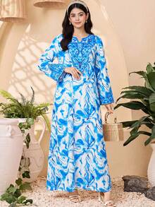 SHEIN Teen Girl Elegant Geometric Pattern Floral Print Notch Neck Long Sleeve Long Maxi Dress - Blue and White - View 2