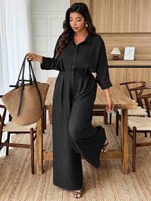 Weeklong Mono con cuello y volantes en las mangas para mujer de talla grande, cintura ceñida, para uso casual y de oficina - Negro - Ver 5
