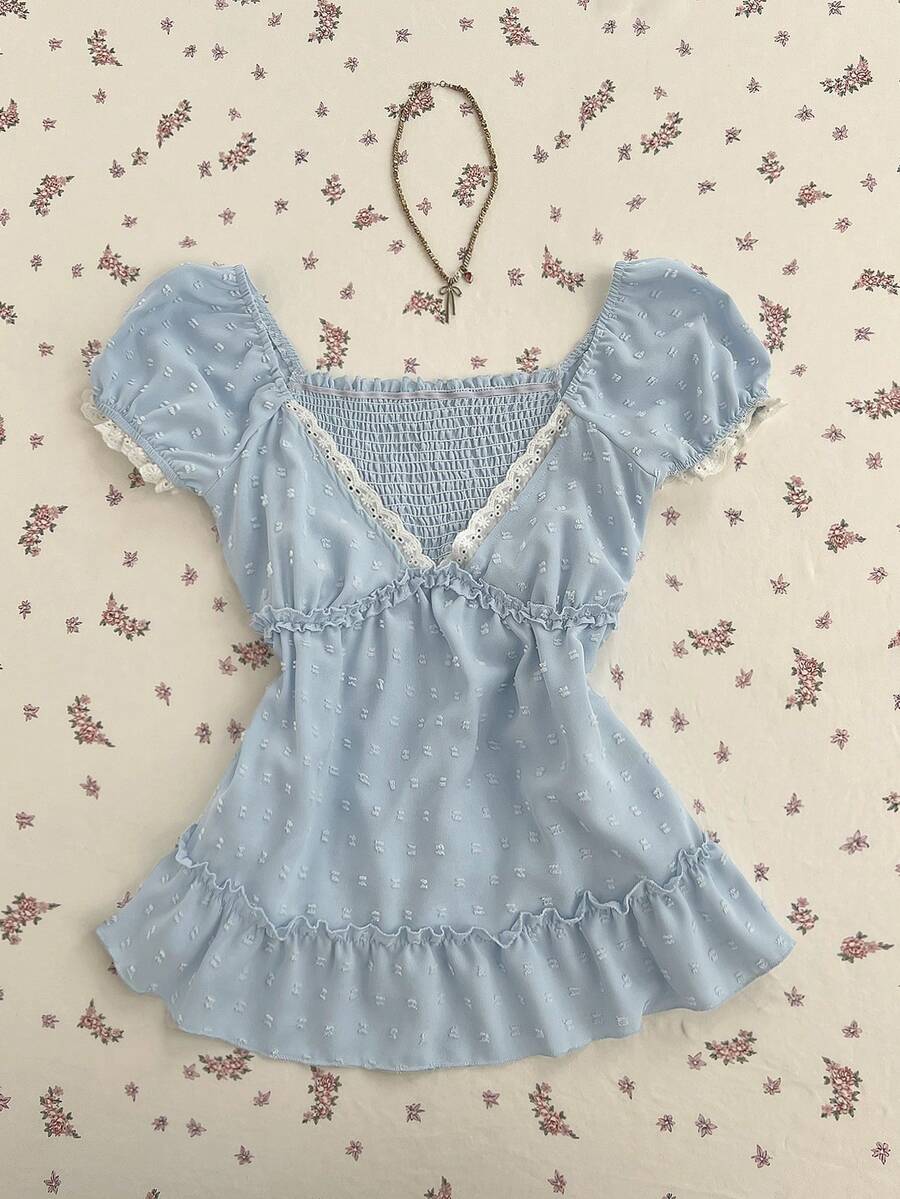 Elamini Women's Jacquard Deep V-Neck A-Line Ruffle Trim Regular Blouse - Baby Blue - View 1