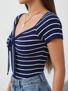 Blusa Casual De Rayas con escote y nudo  delantero Para Mujer - azul y blanco - Ver 3