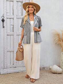 EMERY ROSE Women's Casual Commuter Striped Lapel Short Sleeve Thin Blazer Jacket, Summer - Grey - View 5