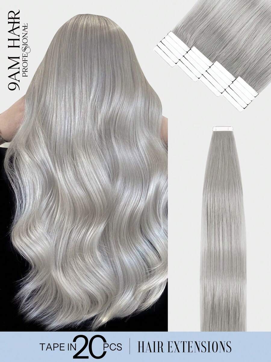 50g 20Pcs Tape In Human Hair Extensions, Silver Gray Straight Remy Hair, Salon‑Grade Quality, Silky Seamless Invisible Design, Long‑Lasting Texture With Thick Ends For Women Daily Styling