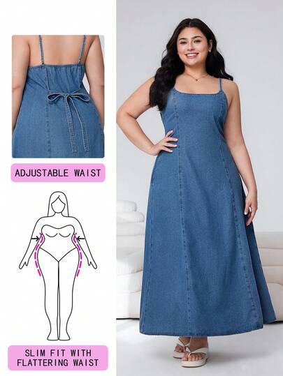 Solflare Plus Size Women Casual Denim Slip Dress,Summer Holiday Outfits,Spring Break Outfits,Carnival Women Look 2026,Going Out Outfits