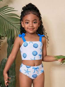 SHEIN 两件套少女几何图案针织泳衣套装 - 藍色 - 查看 5