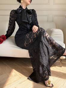 DAZY Elegant Black Floral Autumn Party 2-Piece Outfit,Flocked Ditsy Floral Chiffon Blouse Cardigan & Straight Leg Lace Pants Set,Formal Wedding Occasion - Black - View 5