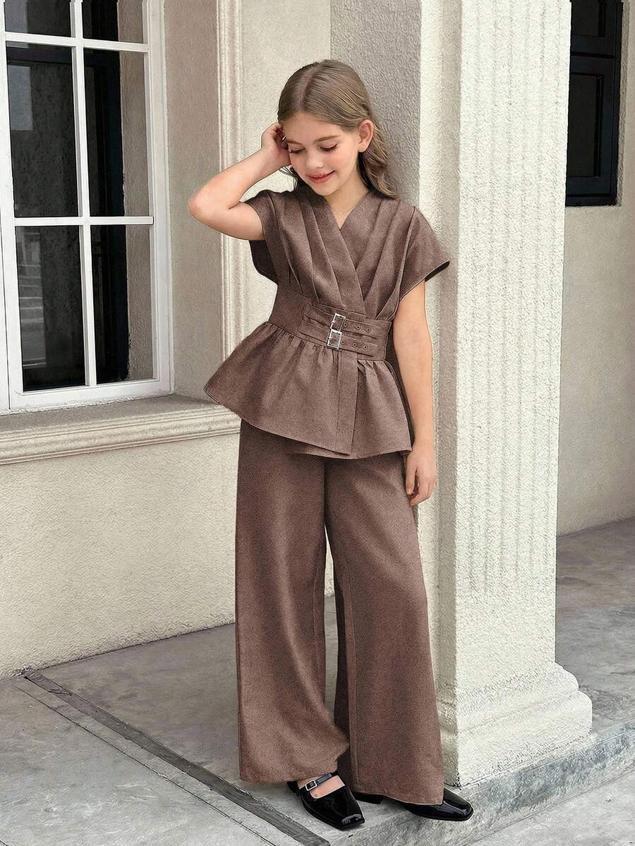 SHEIN Tween 女童宽松落肩双层腰带衬衫上衣和裤子两件套，优雅 - 卡其色 - 查看 1