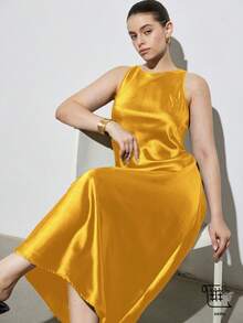 Aveloria Modichic Minimalist Luxury Style Sleeveless A-Line Maxi Dress, Simple Elegant Asymmetric Design, Double-Sided Satin-Like Acetate Fabric, Slimming, Versatile For Casual Wear, Commuting, Plus Size - Yellow - View 1