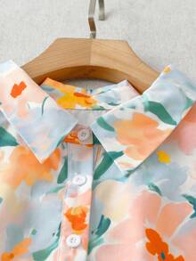 EMERY ROSE 大码清新花卉印花短袖衬衫，亚麻衬衫，外出上衣，度假衬衫，夏季 - 彩色 - 查看 3