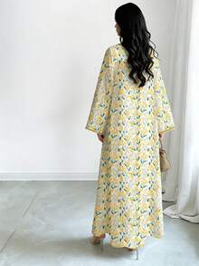 SHEIN Najma Đầm maxi dài tay cổ chữ V in hoa màu vàng, kiểu dáng thanh lịch Ả Rập, thích hợp cho mùa xuân/hè, đi nghỉ mát và mặc hàng ngày. - Nhiều màu - Xem 2