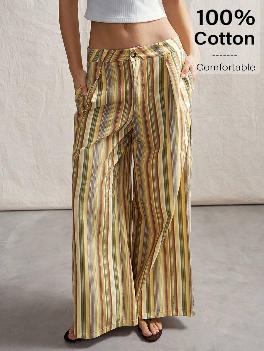 SHEIN ICON Maillard gelbe Kontrast gestreifte Weite Bein Hose, Lässig Outdoor Outfit für Herbst/Winter - Verschiedenfarbig - Übersicht 1