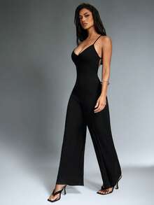 Denimoi Low Scoop Back Wide Leg Sleeveless Jumpsuit Sexy Everyday Wear Brunch Outfits Vacation - Black - View 2