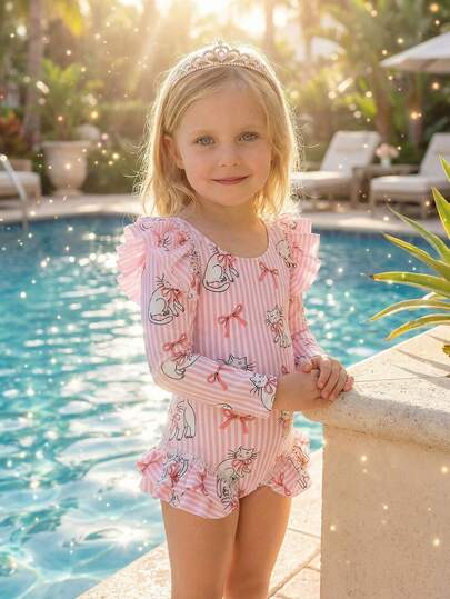 SHEIN Young Girl Striped & Bow Print Long Sleeve One-Piece Swimsuit