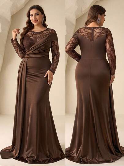 Coutiva Elegant Solid Color Lace Patchwork Plus Size Mother Of The Bride Dress Brown Formal Dress Women Long Sleeve Formal Dress Brown Wedding Guest Dress Brown Dresses Classy Elegant Brown Bridesmaid Dress