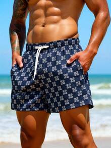 Manfinity Swimmode Men's Summer Vacation All-Over Print Drawstring Waist Slant Pocket Beach Shorts - Navy Blue - View 1