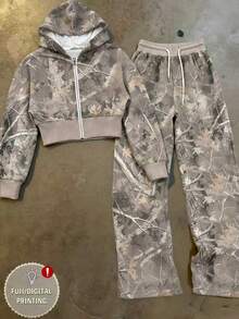 Glimmora 女士树枝印花拉链连帽衫和裤子休闲两件套 - 彩色 - 查看 1