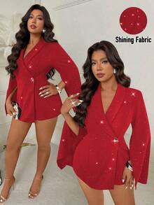 SHEIN Clasi CURVE 大码女式立领开衩袖两件套亮片连体裤，红色浪漫情人节约会装 - 紅色 - 查看 1
