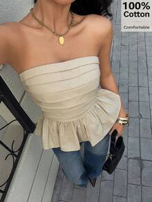 Siren Gaze 亚麻褶皱双面荷叶边衬衫，露背上衣，亚麻荷叶边衬衫，基础款亚麻衬衫，夏季衬衫，女士夏季上衣，100%纯棉上衣，休闲度假衬衫，送给她的礼物 - 棕色 - 查看 4