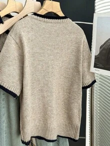 Franclia 新款夏季休闲个性拼接撞色时尚百搭女式针织上衣 - 卡其色 - 查看 2