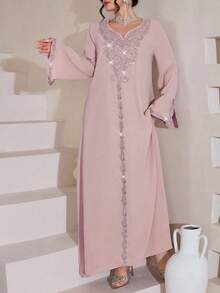 Al Najma Luxurious Embroidered & Beaded Loose Long Sleeve Split Maxi Dress, Turkish & Arabic Traditional Style - Purple - View 6