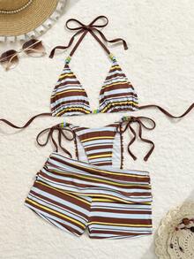 Swim Vcay 2026 Neuankömmling Mehrfarbiges Perlen-Nautisches gestreiftes elegantes hochwertiges Strandkreuzfahrt Romantik-Urlaubs Damen 3-teiliges Badeanzug-Set: Neckholder geknotete Seiten Hotpants Bikini - Verschiedenfarbig - Übersicht 5