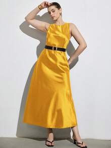Aveloria Modichic Minimalist Luxury Style Sleeveless A-Line Maxi Dress, Simple Elegant Asymmetric Design, Double-Sided Satin-Like Acetate Fabric, Slimming, Versatile For Casual Wear, Commuting, Plus Size - Yellow - View 6