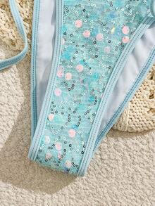 Swim SXY 夏季新款香槟色纯色高端刺绣亮片闪亮爆款派对下午茶聚会支撑性高开衩侧系带比基尼两件套泳衣女装 - 淺藍色 - 查看 5