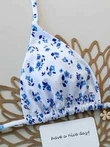 Swim Mod Summer New Vintage Ditsy Floral Halter Backless Tie-Side Bikini 2 Pieces Swimwear - Blue and White - View 4