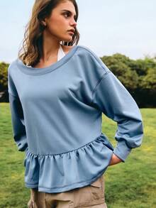 SHEIN Unity Women's Casual Solid Color Round Neck Dropped Shoulder Ruffle Hem Autumn Blue Top Long Sleeve Oversized Sweatshirt, Casual, Spring, Summer For Women, Going Out - Blue - View 5