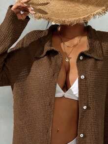 SHEIN Swim Women's Solid Color Jacquard Fabric Kimono Cover Up For Beach Vacation - Brown - View 4