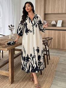 Elenzga 大码印花长款宽松优雅女装 - 杏色 - 查看 6