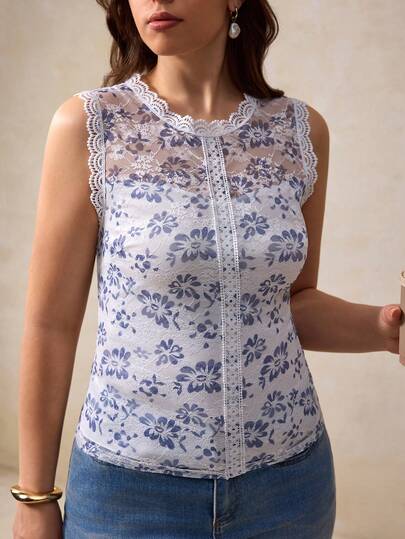 Elegantrix 1件女士加大码蕾丝镂空花卉印花拼接圆领修身休闲优雅上衣，春夏款