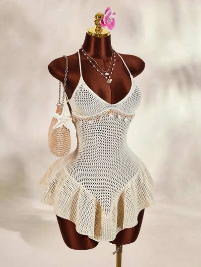 Amplova Women's Halter Backless Starfish & Shell Detail Ruffle Hem V-Split Maxi Dress