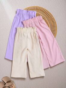 3 Stücke/Set Hosen Set für Kleine Mädchen, 3D Schleife Strick, plissierter Stoff, süßer für Ausflüge. Mehrfarbige Kombination, Apricot/Rosa/Lila, gerade Beinform vielseitig. Frühling/Sommer, reguläre Dicke bequemer Stoff. - Verschiedenfarbig - Übersicht 2